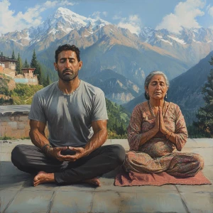 Realism art 1:1,A muscular beefy sweaty  man and his 50-year-old...