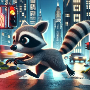 a small raccoon running through the city