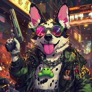 Create an image of a cartoon-style anthropomorphic dog with a wh...