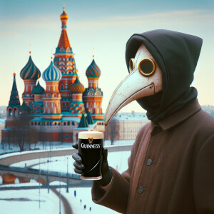 Plague doctor in the world of Fallout, standing against the back...