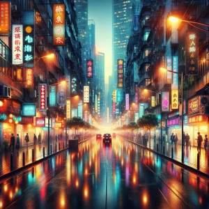 An urban street scene at twilight, with glowing neon signs, wet...