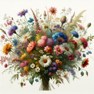 Design a watercolor painting of a varied wildflower bouquet, ful...