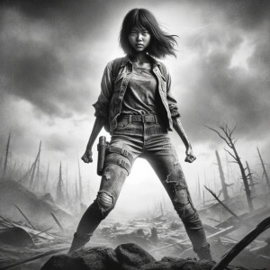 Skinny and thin Asian teen girl wearing skin tight jeans that are worn and frayed, long hair and bangs heroic ready to fight stance