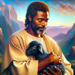 Oil painting of an African-American man resembling Jesus Christ,...