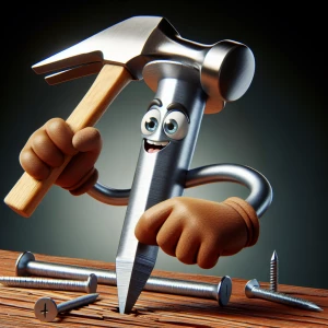 Create an image of an anthropomorphic nail wielding a hammer to...