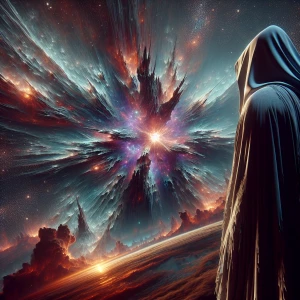 supernova,oversized celestial skeleton wearing a hooded in the s...
