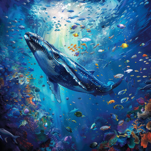 A whale swimming next to a school of fish