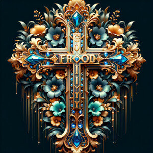 Create an image of a majestic cross, larger in size, with a harm...