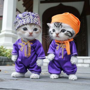 two small silver and white kittens wearing purple and orange kok...