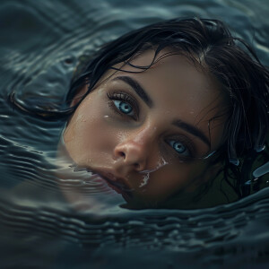 Capture the elegance of a fair-skinned woman with dark long wet...