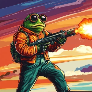 MEME PEPE in GTA art style, Pepe is firing a rocketlauncher, in...