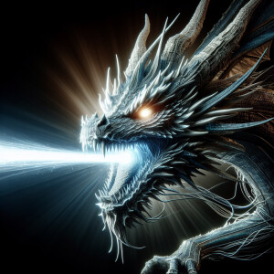 Design a hyper-realistic dragon exhaling a luminous beam from it...