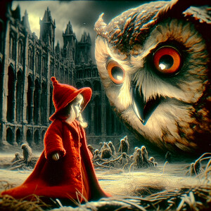 A giant owl staring down at a tiny girl in a red coat, 3d Pixar-...