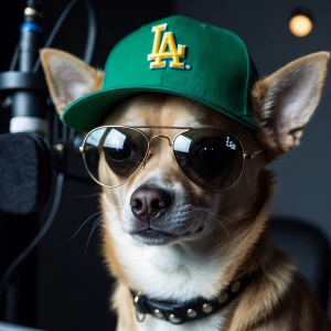 A chihuahua donning aviator sunglasses and a green baseball cap...