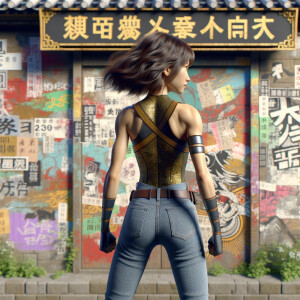 Athletic Thin skinny Attractive, Asian teenage girl, long brown hair and bangs, wearing tight skinny jeans and a halter top paint marks on her clothing, heroic pose Asian graffiti background, backside view