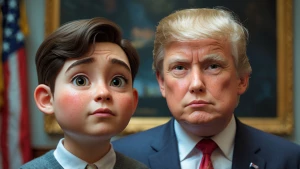 Trump in children role with real head and face, use pixar and sa...