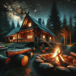 A rustic cabin in the woods with a campfire and stars.