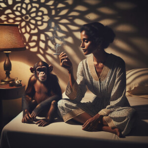 Woman in nightgown sitting on her bed smoking, with a chimp