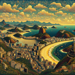 Create an image that reimagines the iconic view of Rio de Janeir...