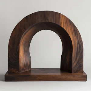 A wooden archway, centered in the image. The arch is carved from a single piece of dark brown wood, exhibiting natural wood grain patterns and variations in tone.  The archway has a smooth, semi-circular shape and appears to be part of a larger wooden structure.  The wood has a rich, dark brown color with lighter, streaky highlights.  The interior of the archway is completely black. The archway sits atop a horizontal wooden base or lintel, which matches the color and grain of the arch. The framing of the archway, with its pillars and base, provides a sense of depth and structure. The background is a plain, light gray or white wall. The overall style is rustic, minimalist, and natural, evoking a sense of warmth and organic beauty. The lighting is even, casting no distinct shadows within the image, which enhances the focus on the wood texture and its details. The perspective is straight-on, looking directly at the archway.