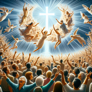 huge crowd looking up and pointing to the cross. Some are happy...