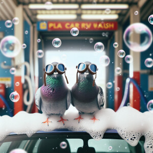 A whimsical scene of two pigeons with flight goggles sitting out...