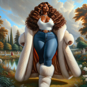 Craft a 4K glossy oil painting portraying a regal, plus-size Afr...