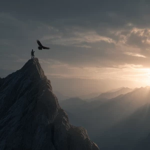 Create an image of someone climbing a mountain an an eagle is se...