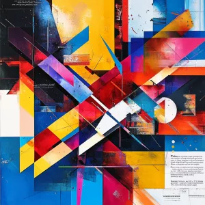 "Produce a vibrant abstract artwork featuring interlocking geome...