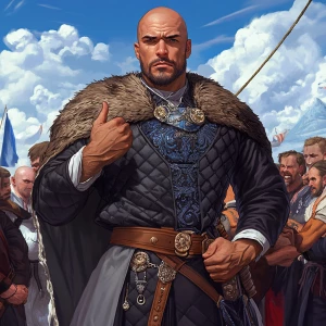 A muscular, bald man dressed in a medieval-style outfit consisti...