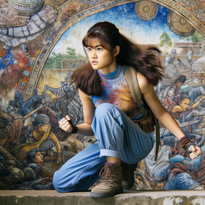 teenage girl, long brown hair and bangs, wearing tight skinny jeans and a halter top paint marks on her clothing, heroic pose Asian graffiti background, nearing on one knee