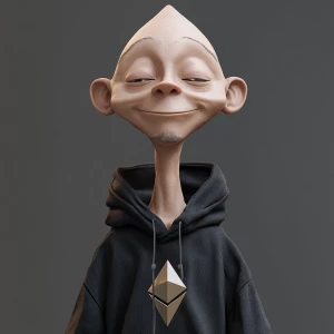 a thin, nerdy humanoid figure with elongated face and neck, larg...