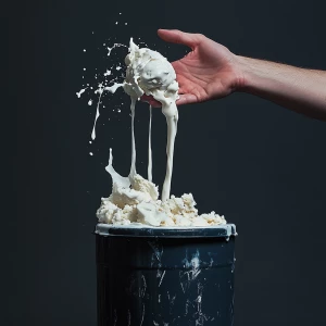 A human hand captured mid-motion while throwing a scoop of dripp...