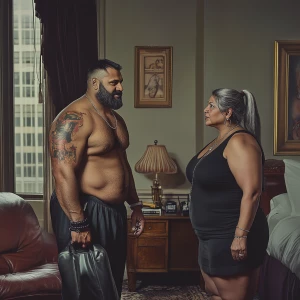 realism .A sweaty muscular man talking with his 54 year old pun...