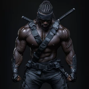A muscular Nigerian Ninja assassin warrior in Black traditional...