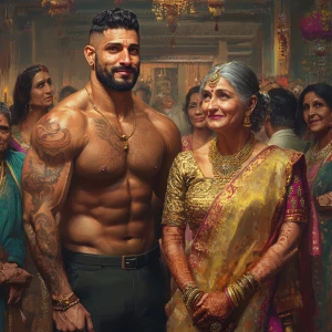 Realistic art,A muscular, sweaty man joyously celebrates Diwali...