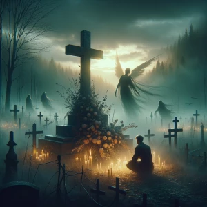 A solemn, cinematic memorial scene set at dusk under a cloudy sk...