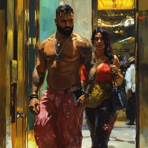 realism,.A sweaty beefy man walking with his 54 year old kashmir...
