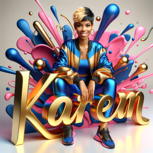 3D writing name "KAREN" bold glossy gold. There is a beautiful African-American latino woman, smiling with a black and blonde pixie cut hairdo,blue and gold trendy jacket and outfits in blue, pink, and gold tones, sport shoes, sitting under the name. Her outfits are glossy. dynamic color explosion background, of pink, blue, gold colors, splashed on white wall