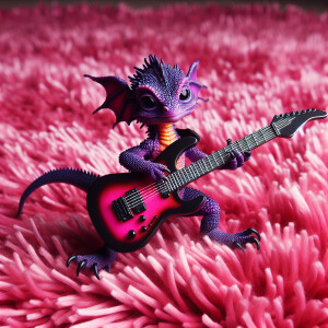 A purple baby dragon playing the electric guitar on a pink shag...