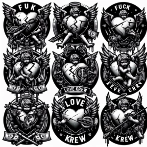 Create 10 
Circular logos for 'FUCK LOVE KREW' with  black, brok...