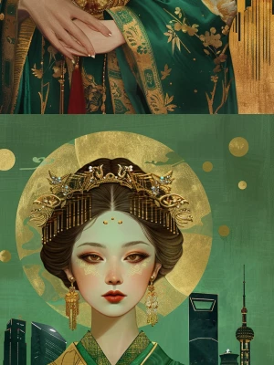 portrait of a celestial Art Deco heroine, emerald green and gold...