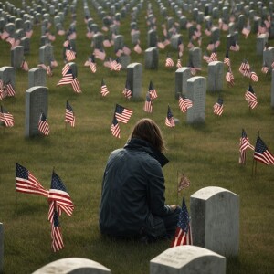 A lone figure kneels beside a weathered headstone. Their face is...