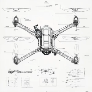 A detailed specification sheet for drone with callouts and dimensions, highly technical