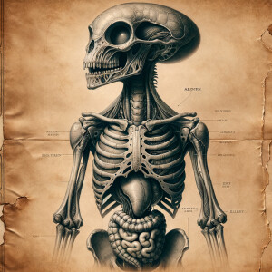 Extraterrestrial creature anatomical graphite illustration on bl...