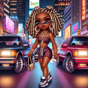 Illustrate a stylish, Chibi-style woman with melanin skin, gloss...