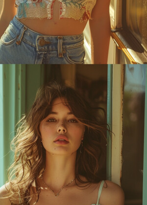 a woman wearing a cropped top and jeans standing in front of the...