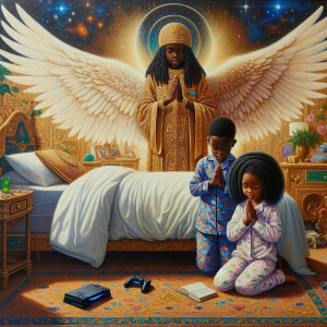 An oil painting of two African-American children with dark skin,...
