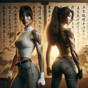 Athletic Thin skinny Attractive, Asian teenage girl, long brown hair and bangs, wearing tight skinny jeans and a halter top paint marks on her clothing, heroic pose Asian graffiti background, backside view