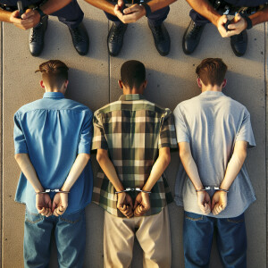 three caucasian male teens handcuffed, laying face down on the g...